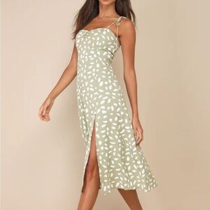Party in Paris Sage Green Print Tie-Strap Midi Dress